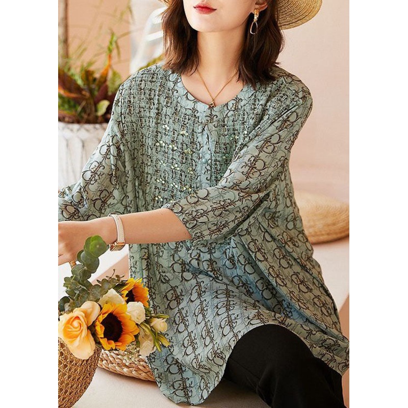 Loose Light Green O Neck Print Patchwork Chiffon Shirts Summer