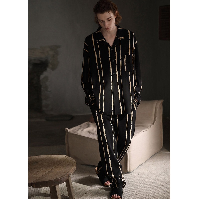 Man Black Yellow Peter Pan Collar Striped Button Cotton Pajamas Two Pieces Set Long Sleeve