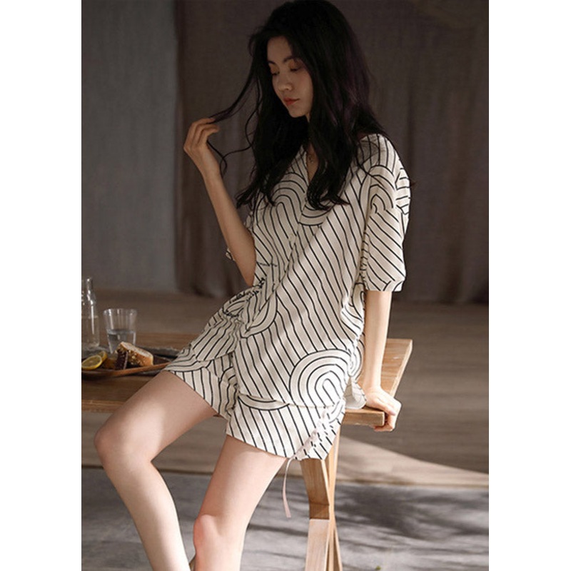 Modern Black White Striped V Neck Low High Design Cotton Pajamas Two Pieces Set Summer
