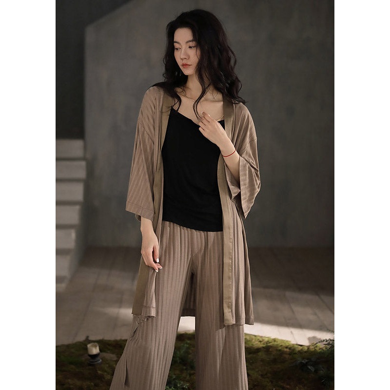 Natural Coffee V Neck Striped Tie Waist Knit Pajamas Three Piece Set Long Sleeve