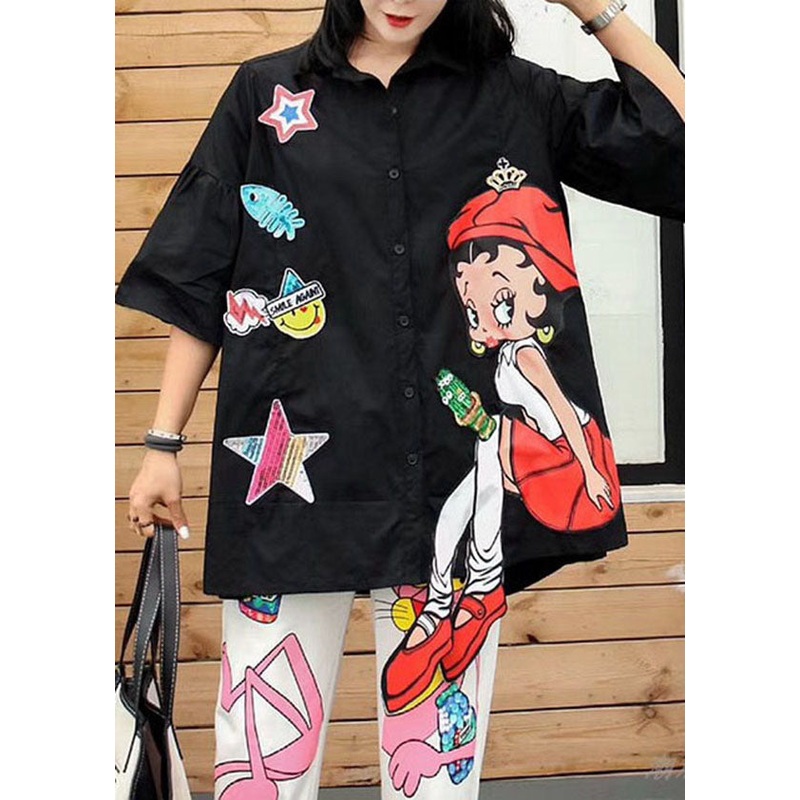 New Black Cartoon Sequins Patchwork Cotton Shirts Top Summer
