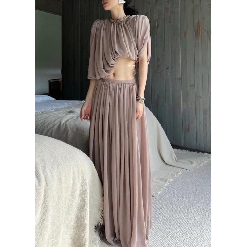 Pink O-Neck Wrinkled Chiffon Top And Maxi Skirts Two Pieces Set Summer