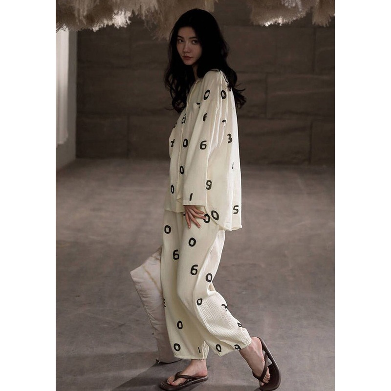 Plus Size Beige Print Button Low High Design Cotton Pajamas Two Pieces Set Long Sleeve
