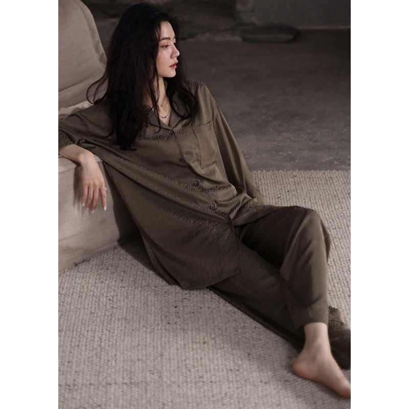 Plus Size Coffee Peter Pan Collar Button Solid Ice Silk Pajamas Two Pieces Set Long Sleeve