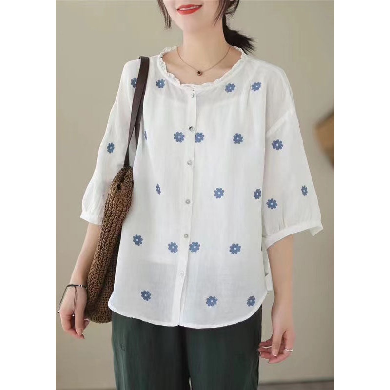 Retro White Embroideried Patchwork Linen Tops