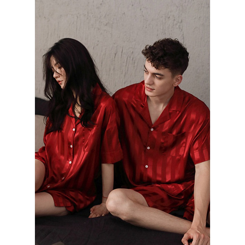 Style Red Peter Pan Collar Striped Ice Silk Couple Pajamas Two Piece Set Summer