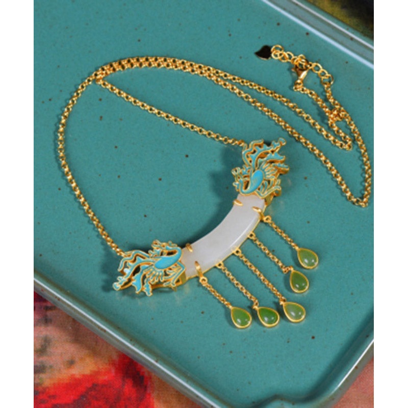 Style White Jade Enamel Phoenix Lariat Necklace