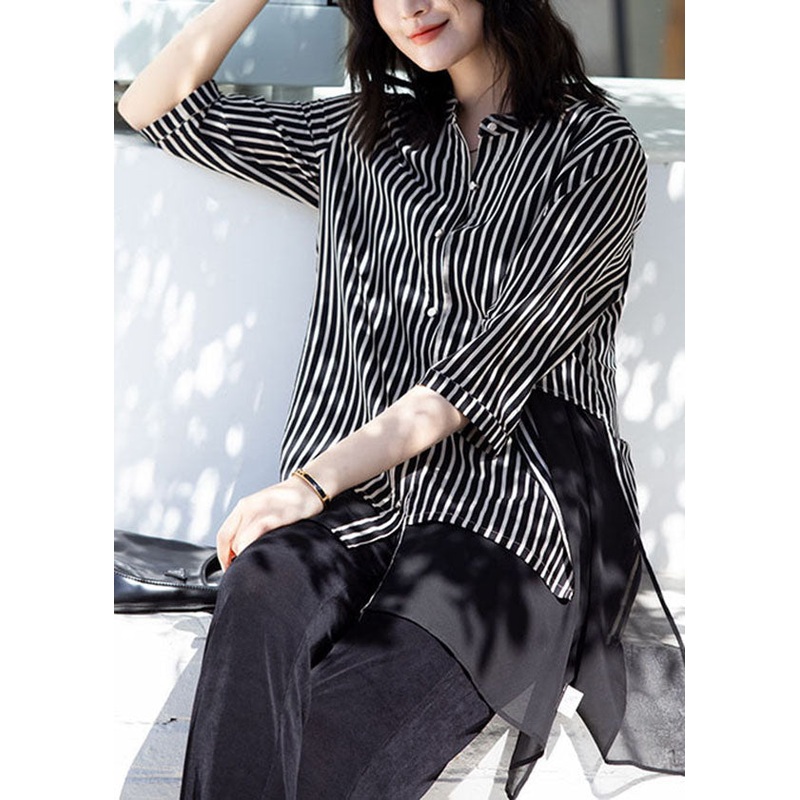 Stylish Black Striped Stand Collar Patchwork Chiffon Shirt Top Summer