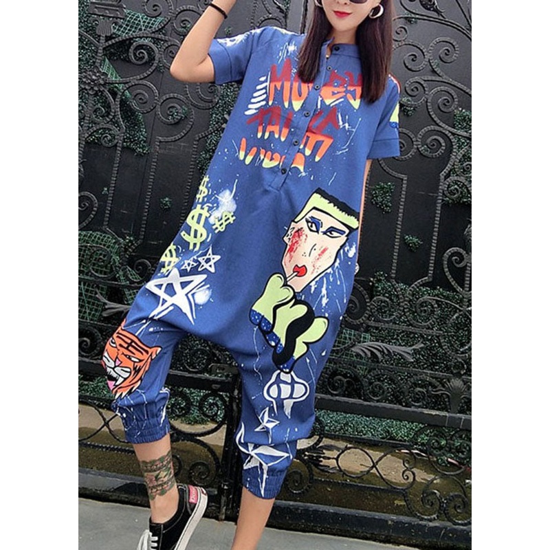 Stylish Blue Stand Collar Print Button Patchwork Cotton Jumpsuits Summer