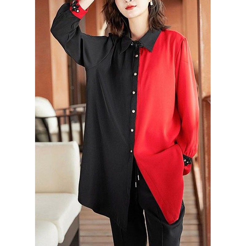 Stylish Colorblock Peter Pan Collar Button Patchwork Silk Top Spring