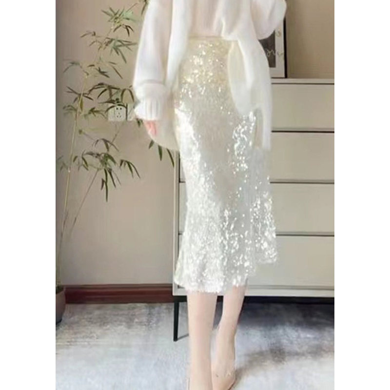 Stylish White High Waist Sequins Hip Skirts Summer
