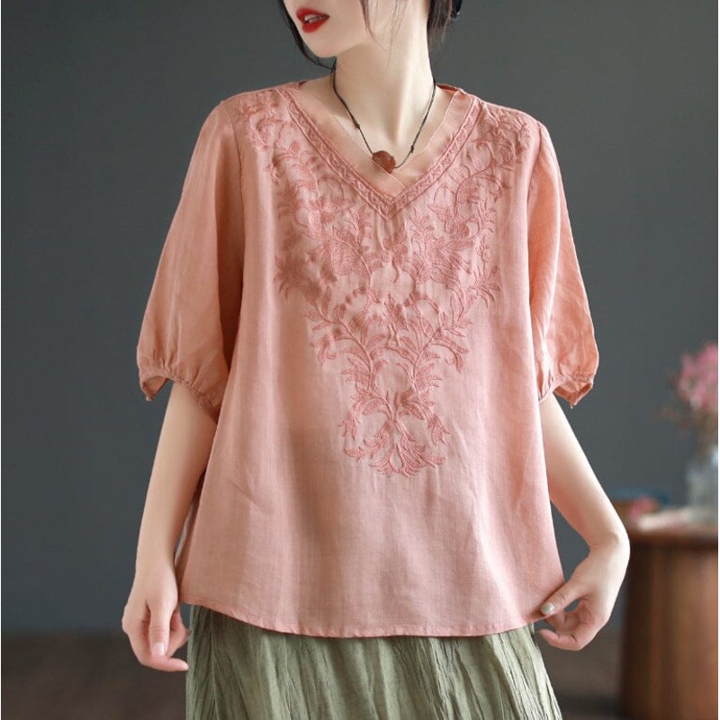 Summer Retro Loose Linen Embroidery V-Neck Shirt