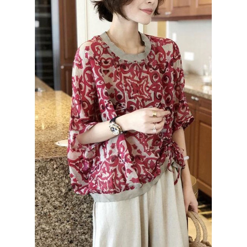 Vintage Red O Neck Zircon Print Patchwork Chiffon Top Summer