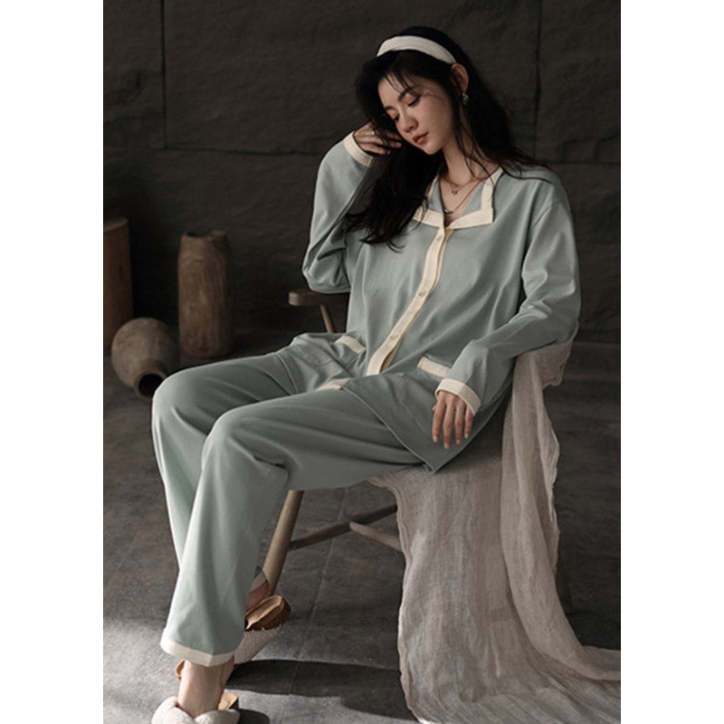 Women Blue Peter Pan Collar Patchwork Button Cotton Pajamas Two Pieces Set Spring