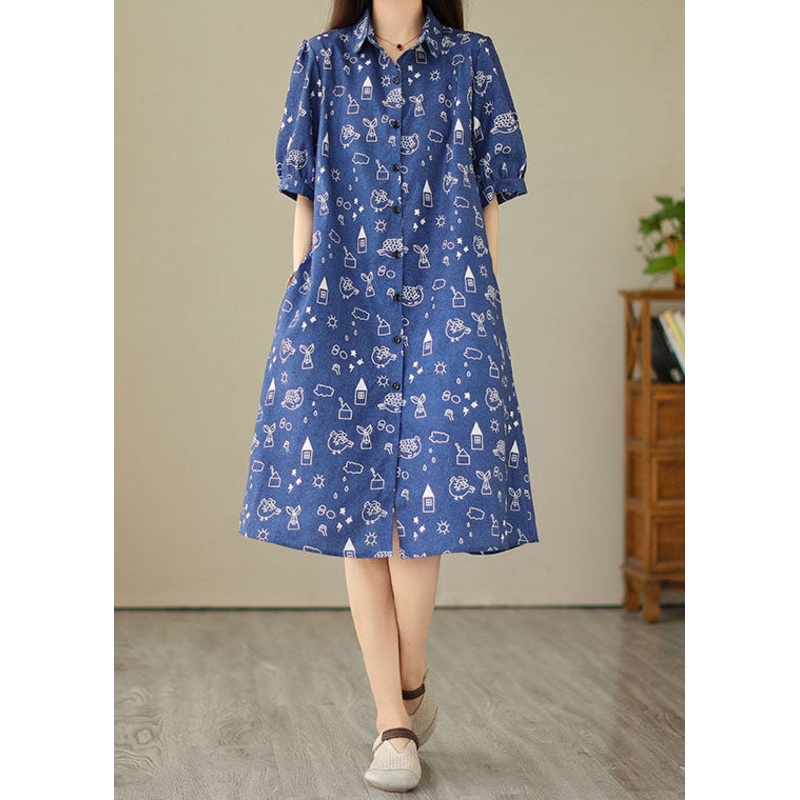 Women Blue Peter Pan Collar Print Patchwork Denim Shirts Dress