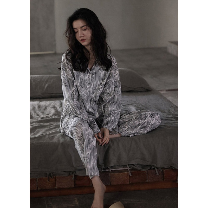 Women Grey Peter Print Button Cotton Pajamas Two Pieces Set Long Sleeve