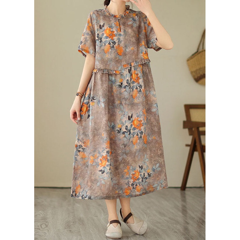 Women Khaki Ruffled Print Patchwork Cotton Dress