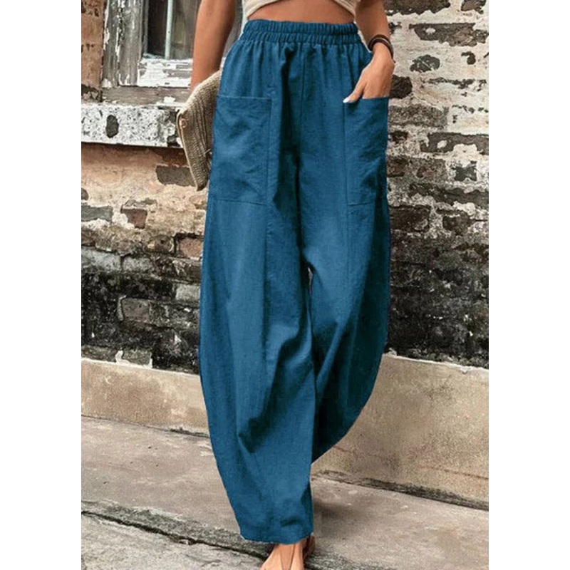 Women Peacock Blue Solid Casual Ice Silk Long Trousers