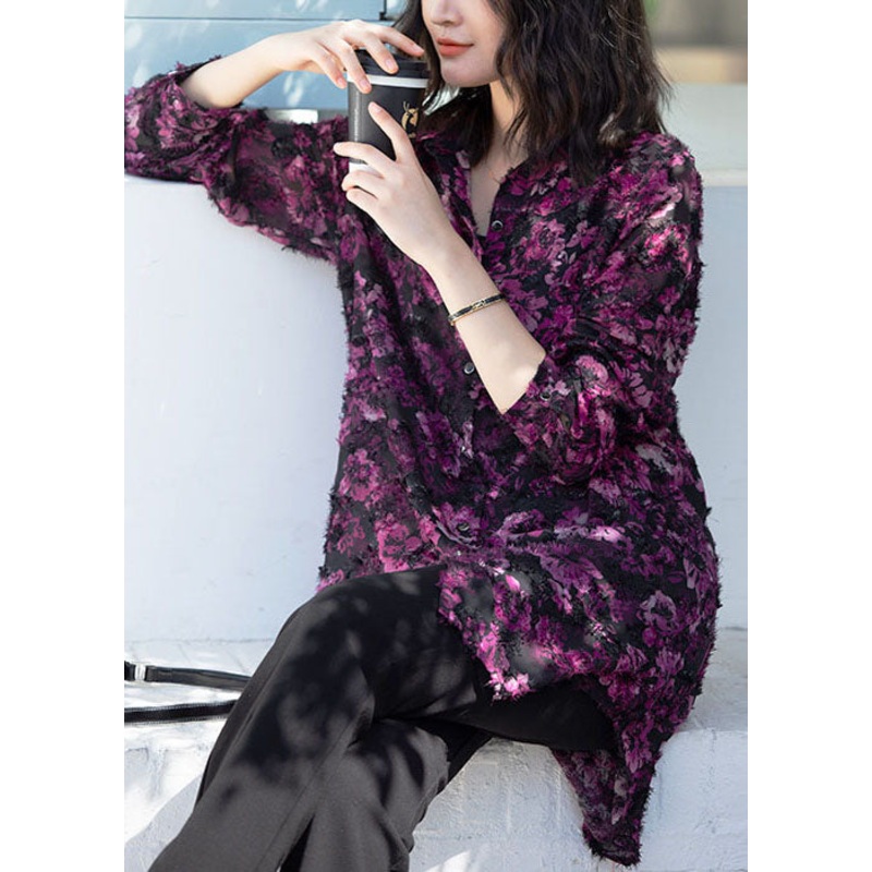 Women Purple Peter Pan Collar Print Patchwork Chiffon Shirt Top Spring
