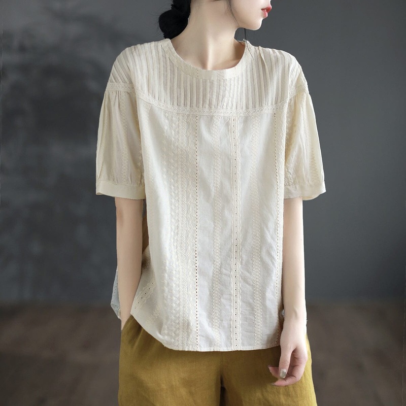Women Retro Solid Hollow Cotton Tops