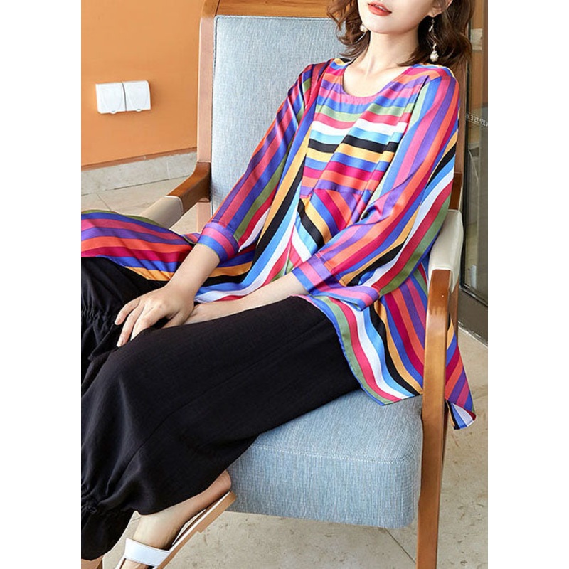 Women Striped O-Neck Patchwork Tops And Pants Silk 2 Pieces Spring