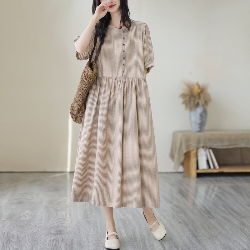 Women Summer Striped Cotton Linen Dress