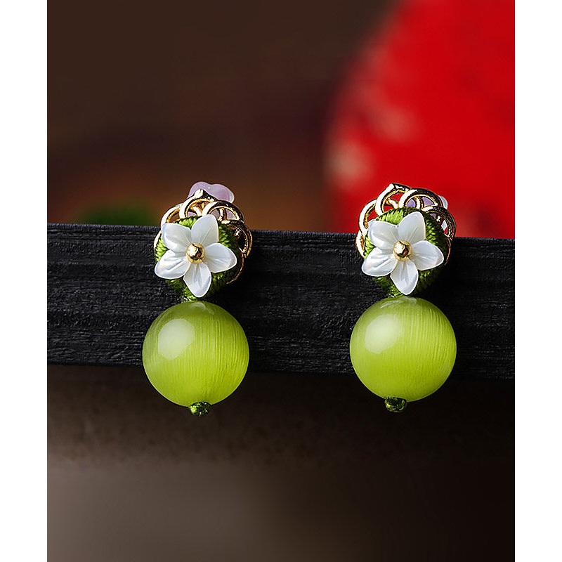 Women Yellow Green Shell Flower Cymophanite Drop Earrings