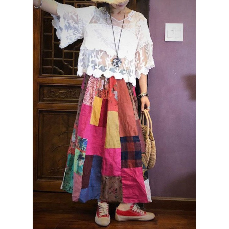 Art Colorblock Wrinkled Print Patchwork Exra Large Hem Linen Skirts Summer