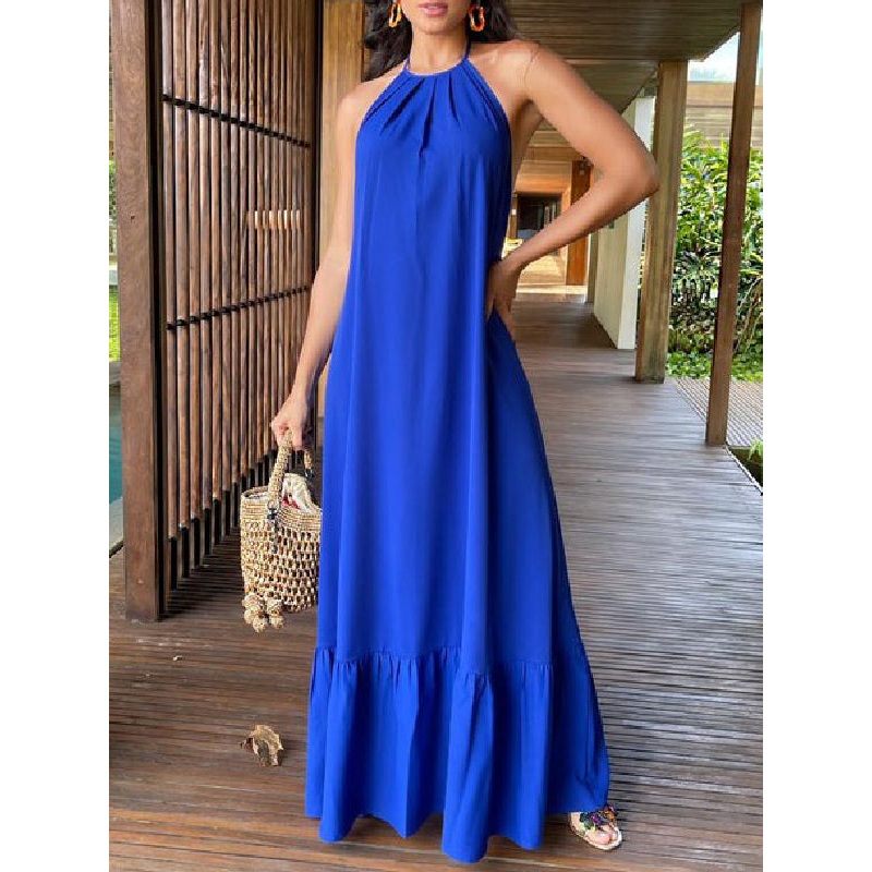 Backless Pleated Loose Halter-Neck Maxi Dress