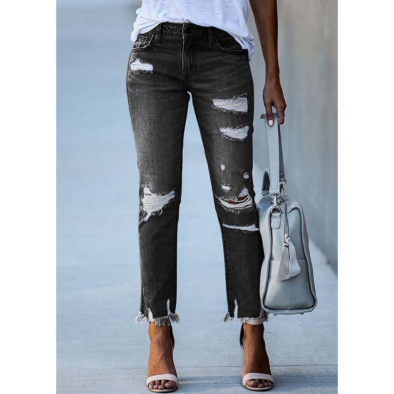 Black Denim Ripped Pants High Waist Summer