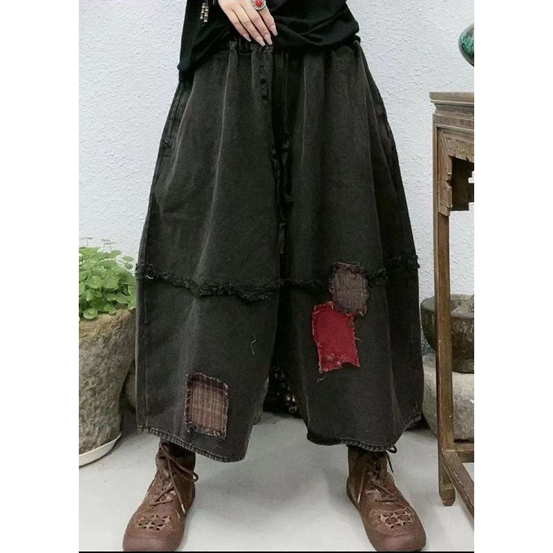 Black Pockets Patchwork Linen Crop Pants Elastic Waist Spring