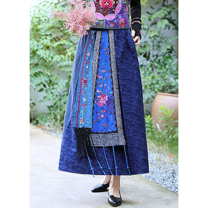 Blue Patchwork High Waist Tassel Maxi Skirts