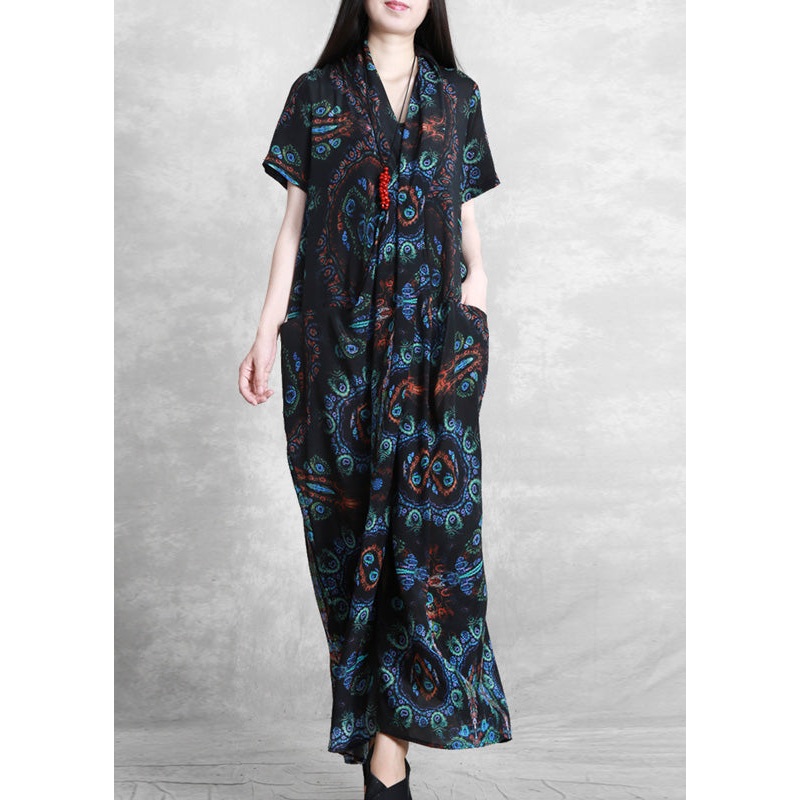 Bohemian Blue Black V Neck Print Wrinkled Silk Ankle Dress Summer