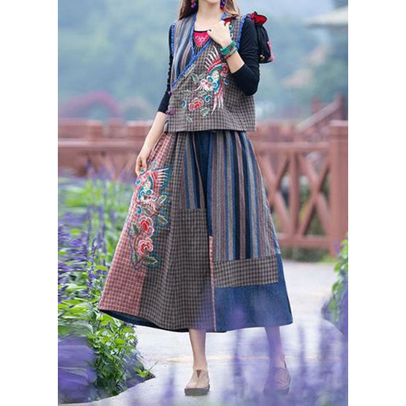 Bohemian Blue Wrinkled Embroideried Patchwork Linen Two Pieces Set Summer