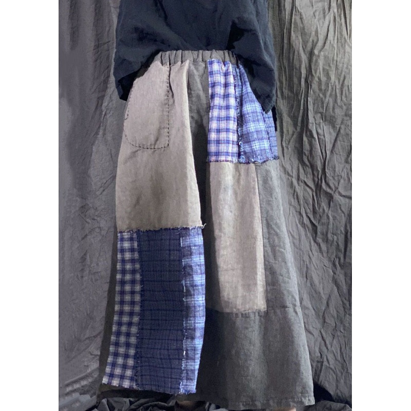 Bohemian Colorblock Wrinkled Pockets Patchwork Linen Skirts Spring