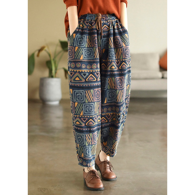 Bohemian Print Tie Waist Cotton Beam Pants Summer