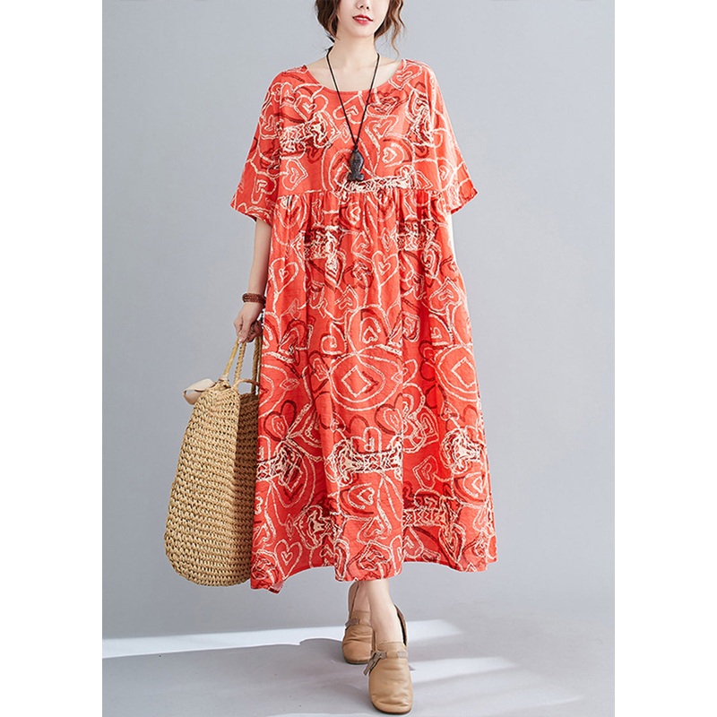 Bohemian Red Oversized Print Exra Large Hem Cotton Dress