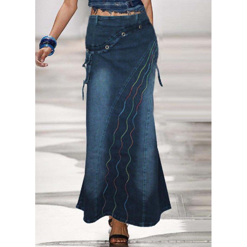 Boho Blue Embroideried Patchwork Denim Skirts Summer
