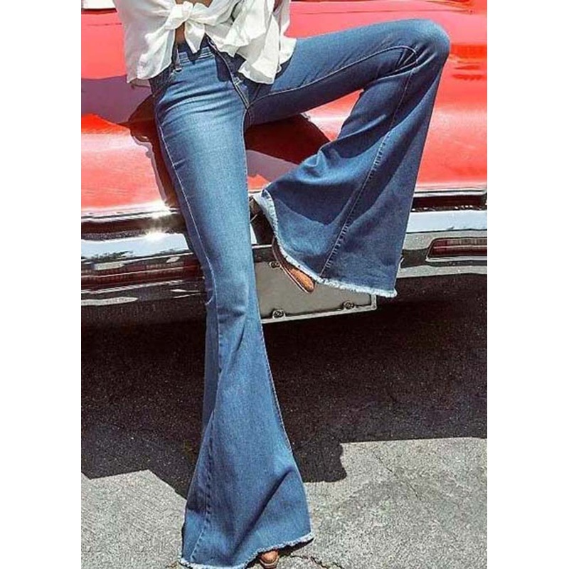 Boho Blue High Waist Slim Fit Denim Flared Trousers Summer
