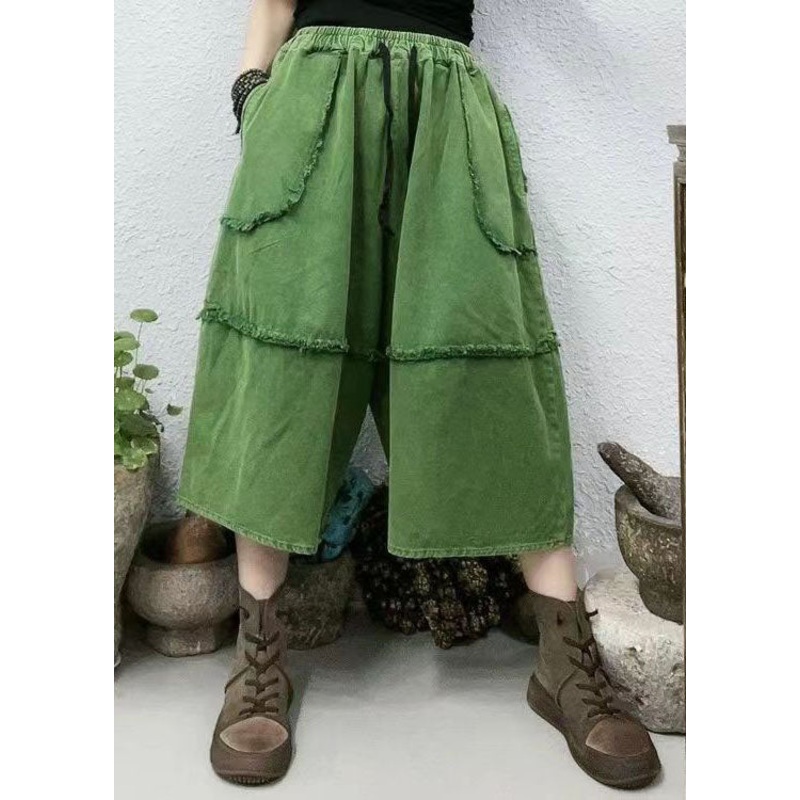 Boho Green Pockets Patchwork Elastic Waist Denim Crop Pants Summer