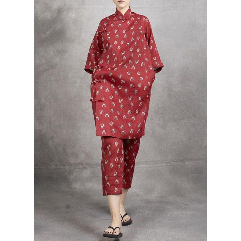 Boho Red Stand Collar Patchwork Linen Women Sets 2 Pieces Summer
