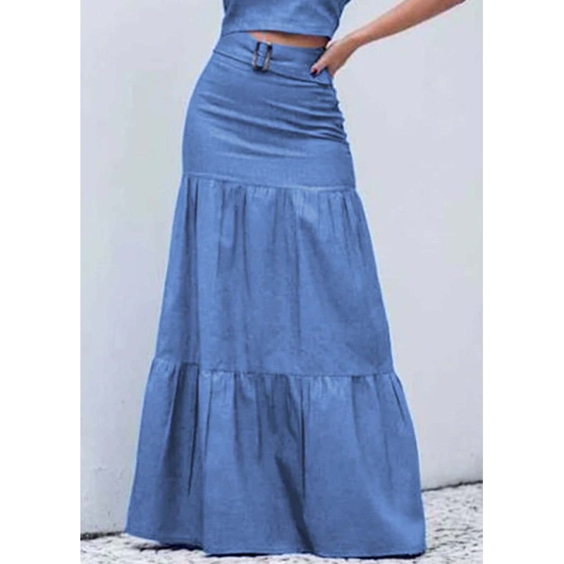Boutique Blue High Waist Patchwork Wrinkled Denim Skirt Summer
