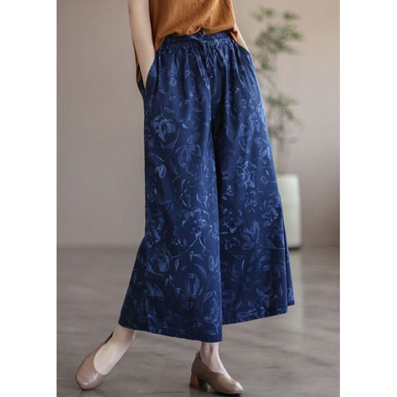 Boutique Navy Print Pockets Patchwork Cotton Wide Leg Pants Summer