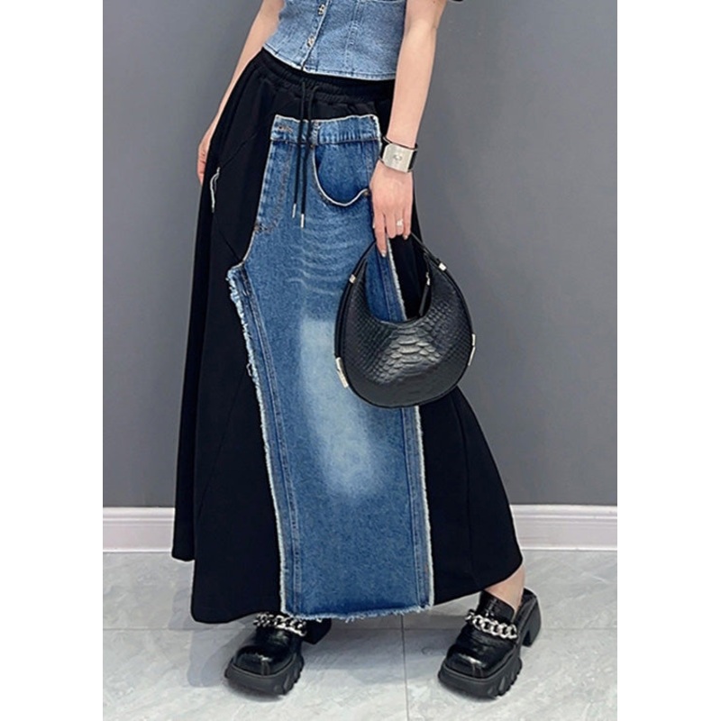 Casual Black Patchwork Blue Elastic Waist Denim Skirt