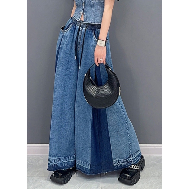 Casual Blue Patchwork Drawstring Elastic Waist Denim Wide Leg Pants