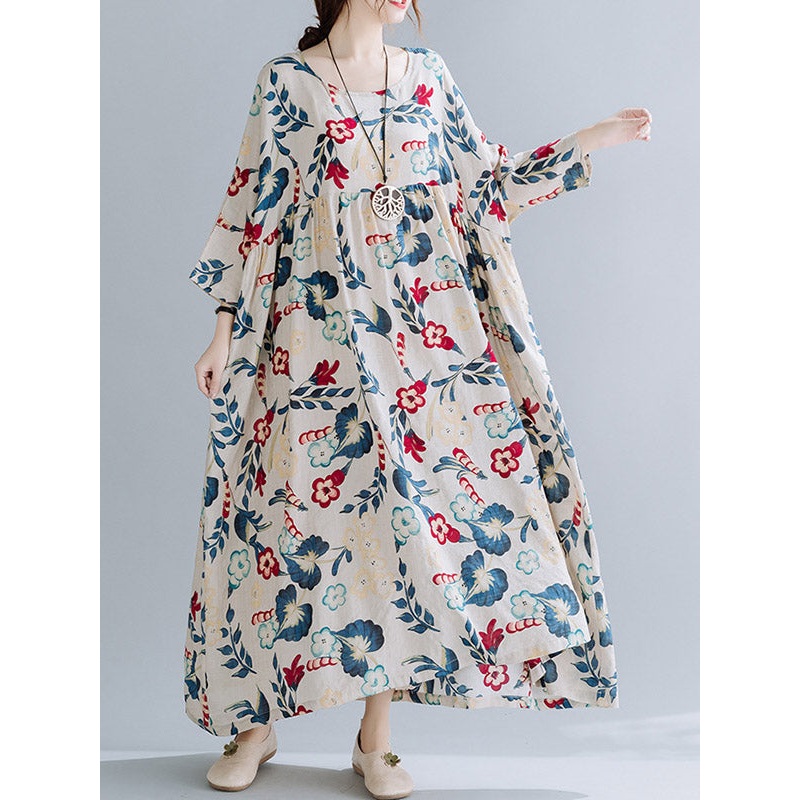 Casual Floral Printed Loose Maxi Dress Batwing Sleeve