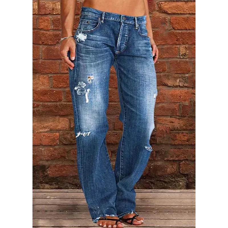 Casual Navy Oversized Washed Denim Ripped Pants Summer
