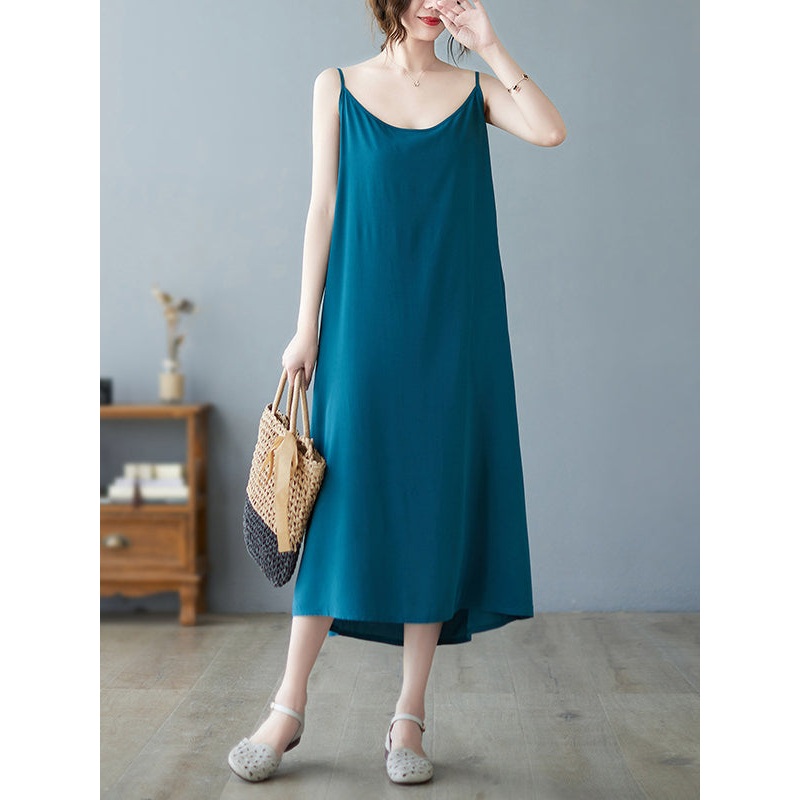 Casual Solid Color Spaghetti-Neck Midi Dress
