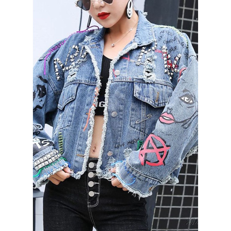 Chic Blue Peter Pan Collar Print Rivet Patchwork Denim Coats Spring