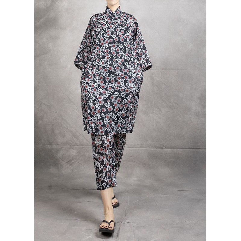 Chinese Style Black Print Tops And Pants Linen Two Pieces Set Summer